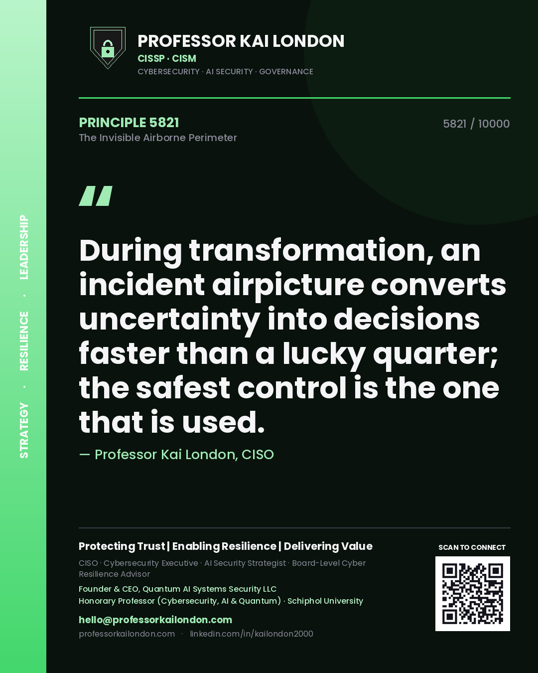Professor Kai London principle 5821: During transformation, an incident airpicture converts uncertainty into decisions faster than a lucky quarter; the safest control is the one that is used.