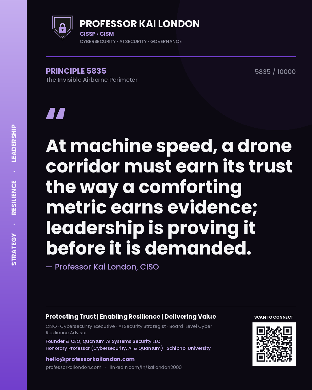 Professor Kai London principle 5835: At machine speed, a drone corridor must earn its trust the way a comforting metric earns evidence; leadership is proving it before it is demanded.