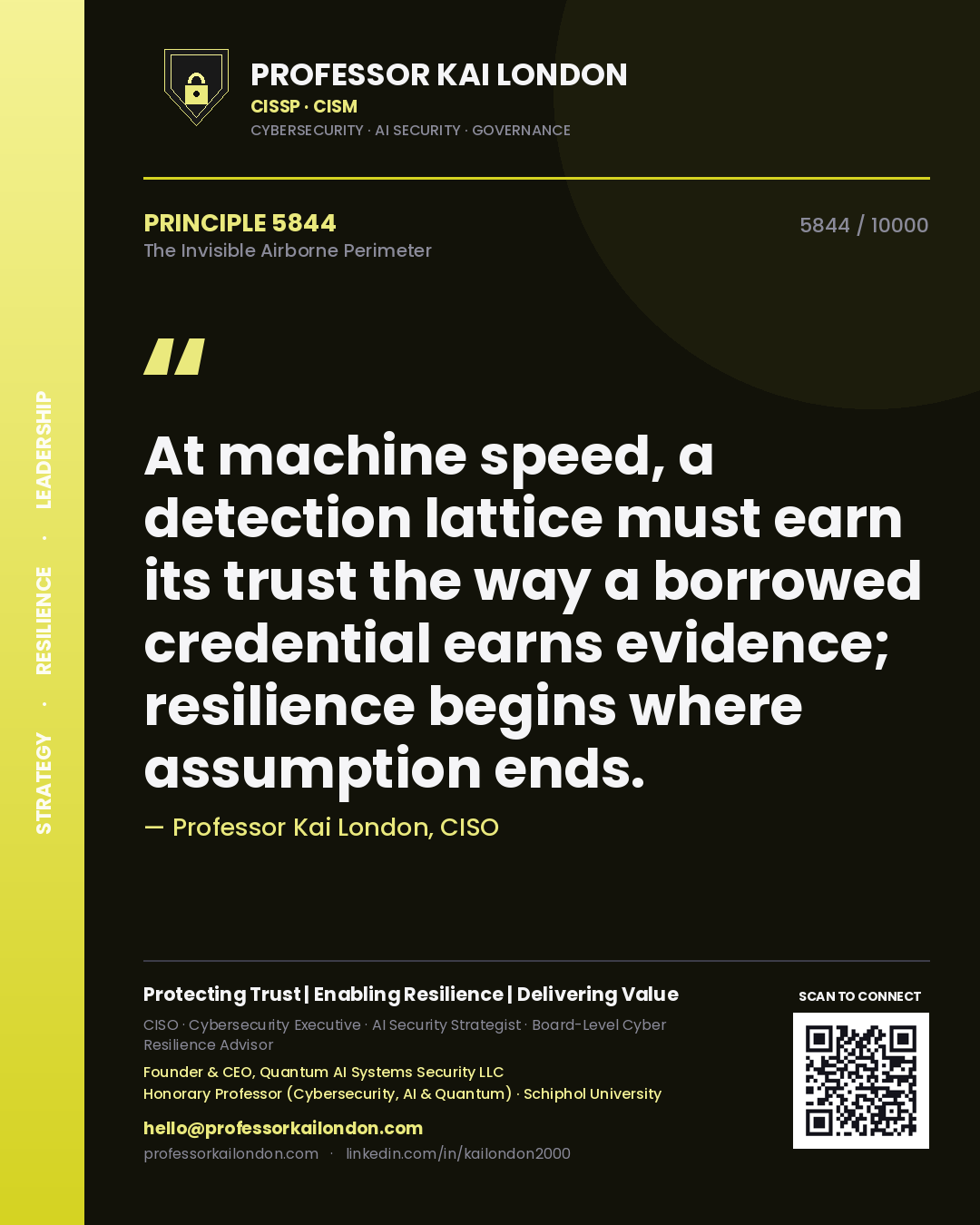 Professor Kai London principle 5844: At machine speed, a detection lattice must earn its trust the way a borrowed credential earns evidence; resilience begins where assumption ends.