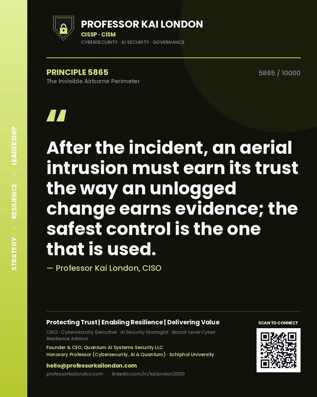 Professor Kai London principle 5865: After the incident, an aerial intrusion must earn its trust the way an unlogged change earns evidence; the safest control is the one that is used.