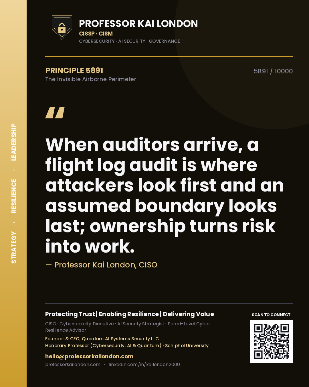 Professor Kai London principle 5891: When auditors arrive, a flight log audit is where attackers look first and an assumed boundary looks last; ownership turns risk into work.