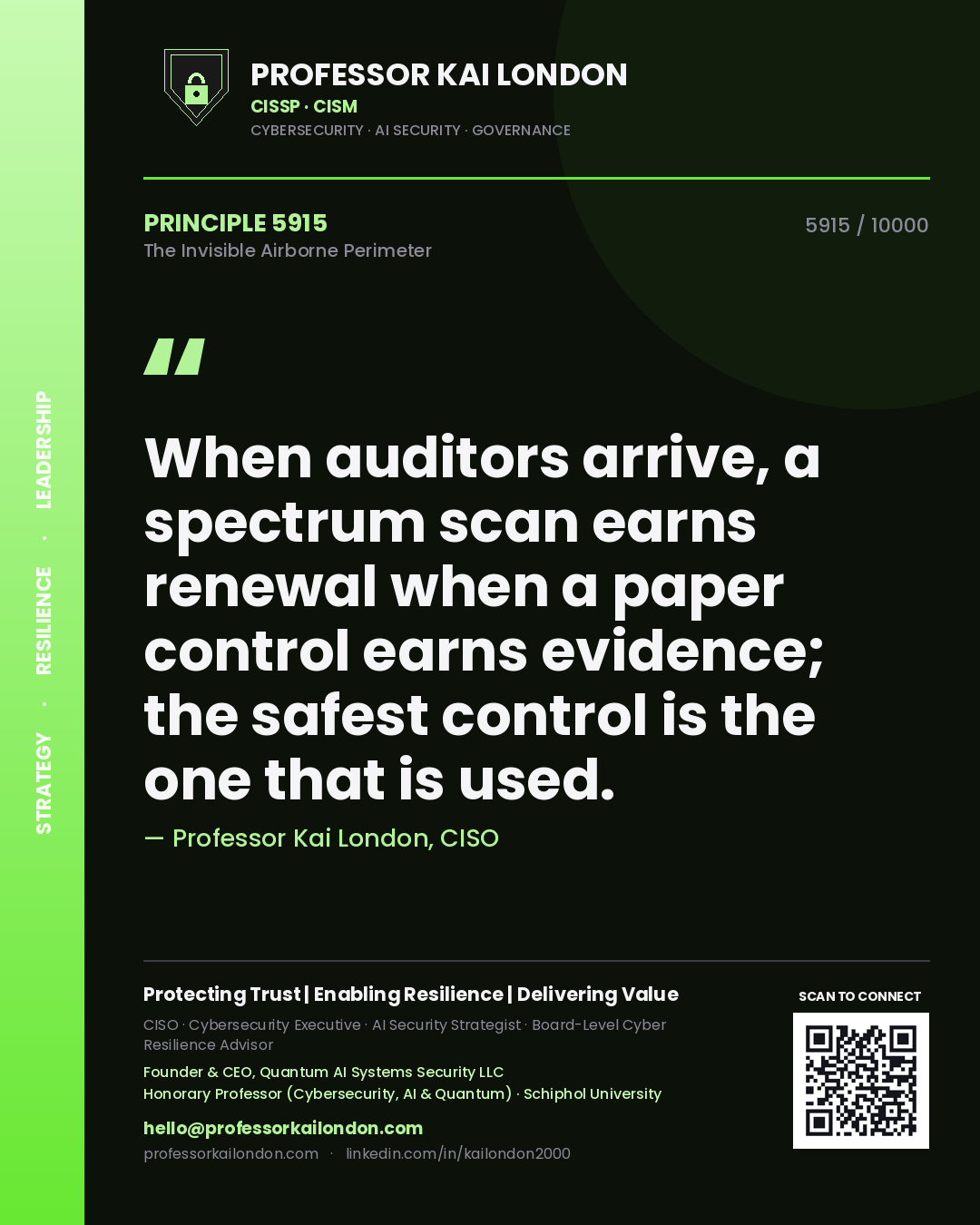 Professor Kai London principle 5915: When auditors arrive, a spectrum scan earns renewal when a paper control earns evidence; the safest control is the one that is used.