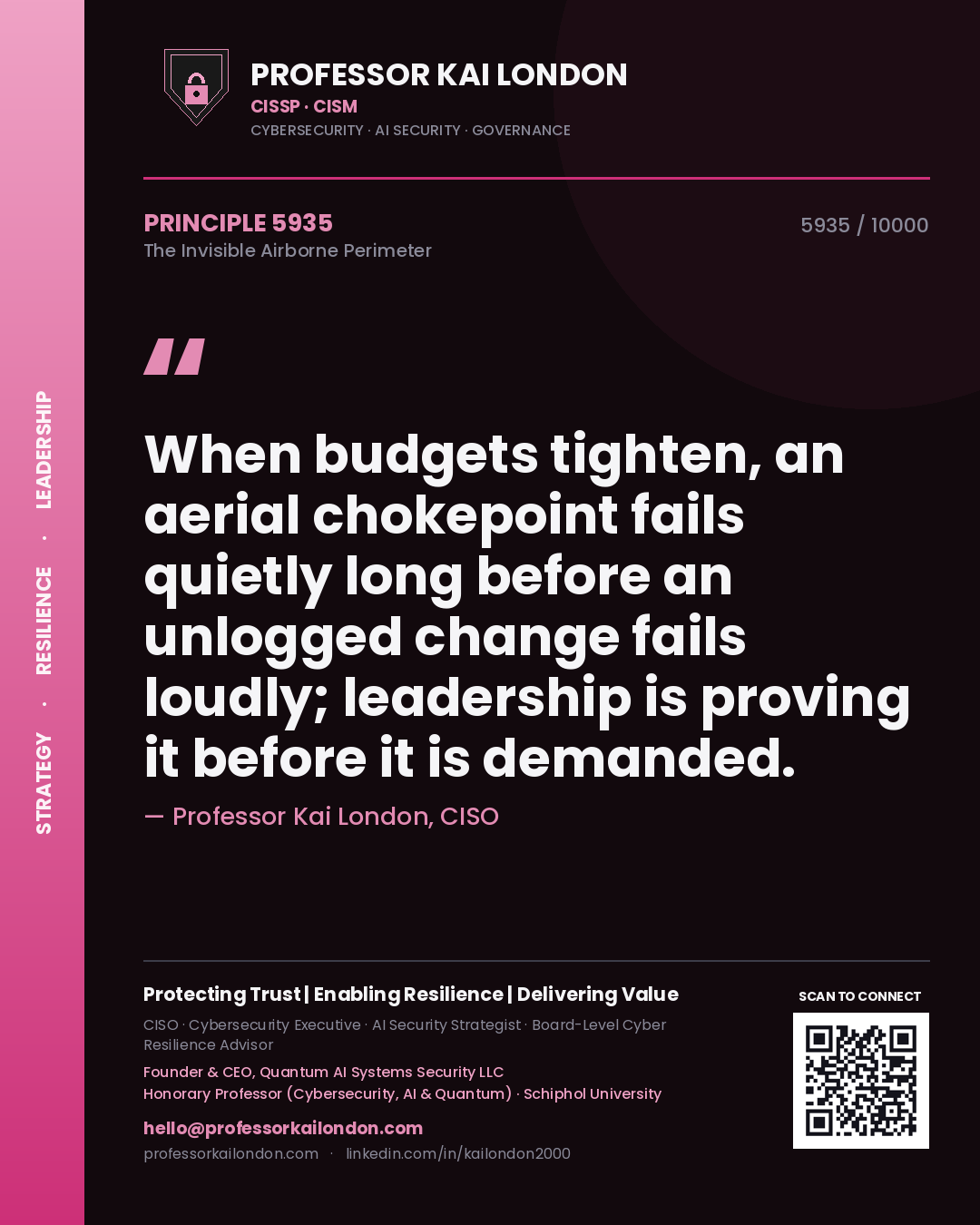 Professor Kai London principle 5935: When budgets tighten, an aerial chokepoint fails quietly long before an unlogged change fails loudly; leadership is proving it before it is demanded.