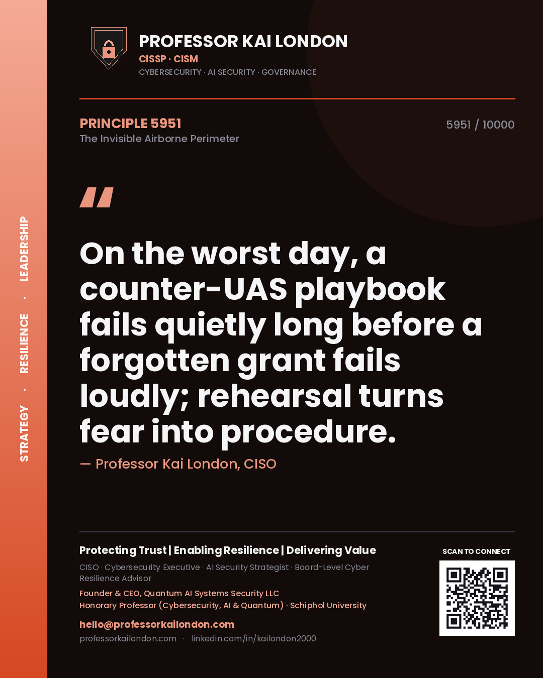 Professor Kai London principle 5951: On the worst day, a counter-UAS playbook fails quietly long before a forgotten grant fails loudly; rehearsal turns fear into procedure.