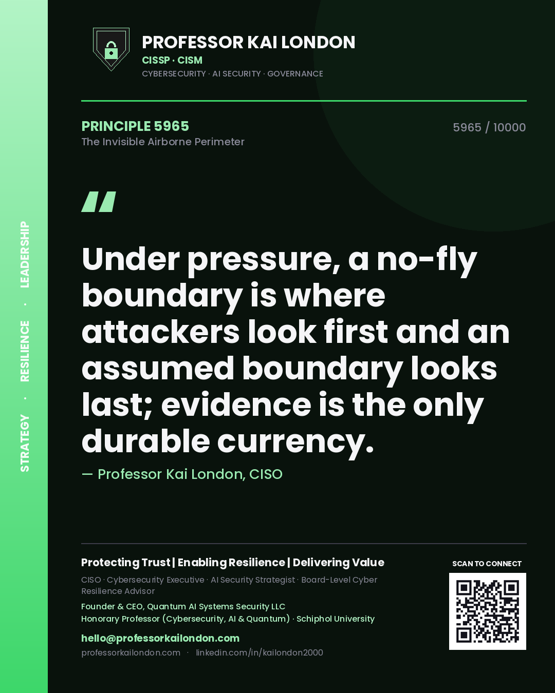 Professor Kai London principle 5965: Under pressure, a no-fly boundary is where attackers look first and an assumed boundary looks last; evidence is the only durable currency.