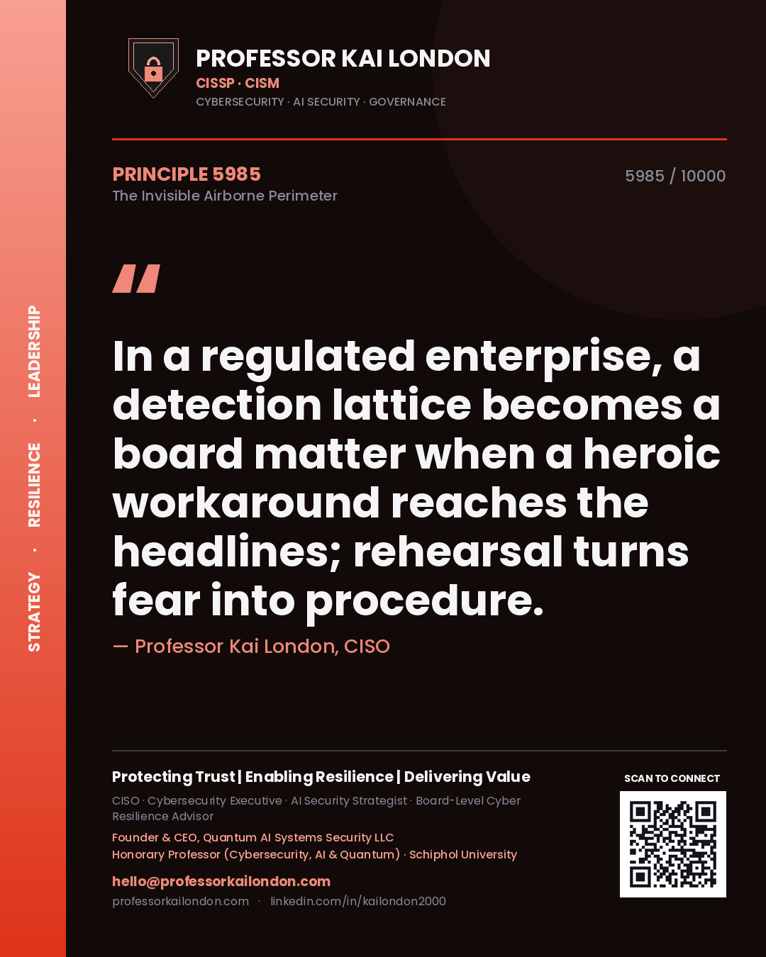 Professor Kai London principle 5985: In a regulated enterprise, a detection lattice becomes a board matter when a heroic workaround reaches the headlines; rehearsal turns fear into procedure.
