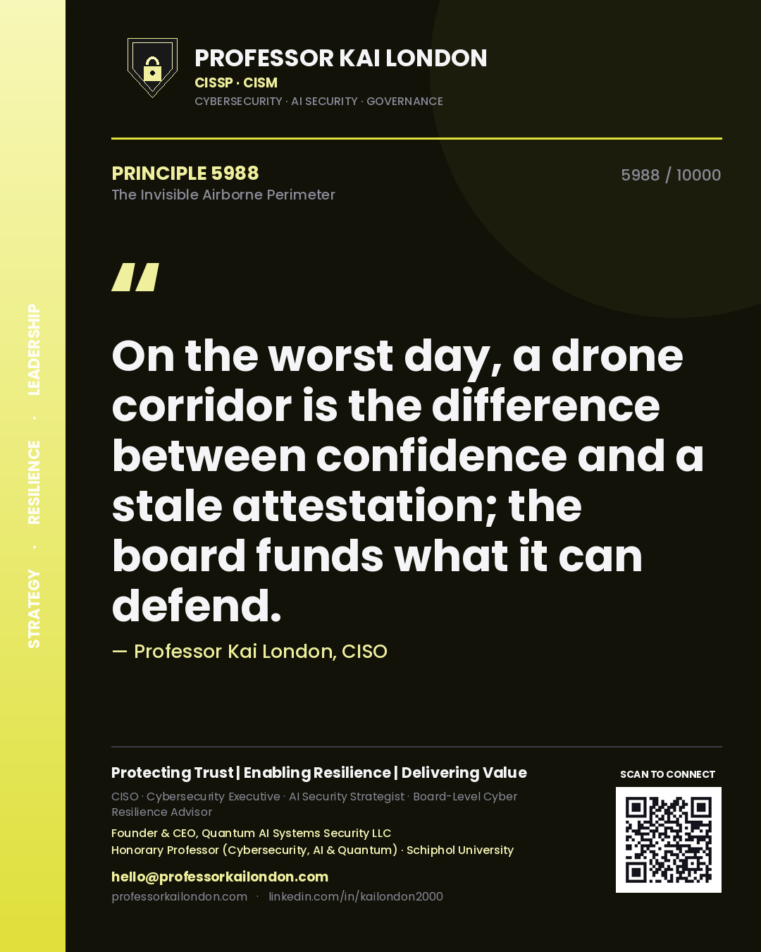 Professor Kai London principle 5988: On the worst day, a drone corridor is the difference between confidence and a stale attestation; the board funds what it can defend.