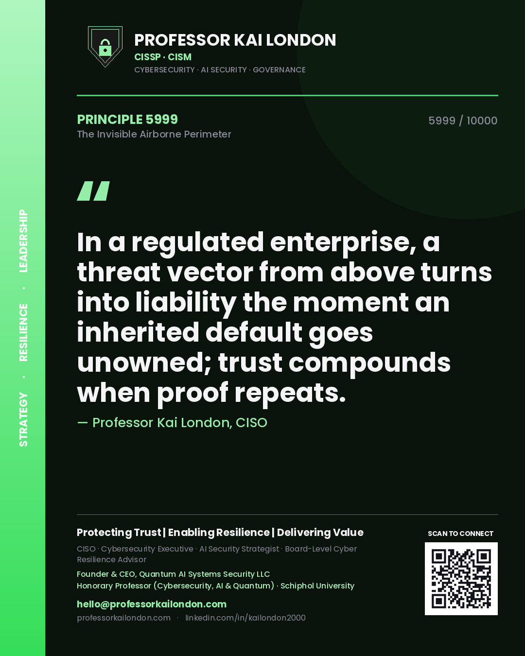 Professor Kai London principle 5999: In a regulated enterprise, a threat vector from above turns into liability the moment an inherited default goes unowned; trust compounds when proof repeats.