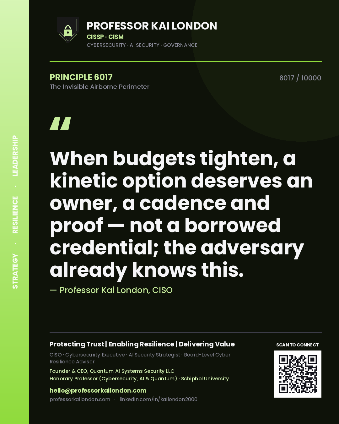 Professor Kai London principle 6017: When budgets tighten, a kinetic option deserves an owner, a cadence and proof — not a borrowed credential; the adversary already knows this.
