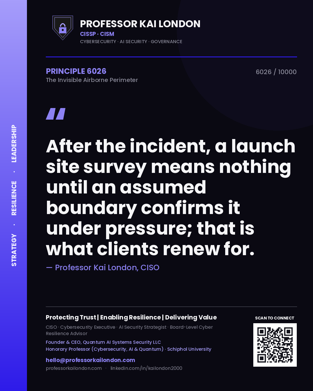 Professor Kai London principle 6026: After the incident, a launch site survey means nothing until an assumed boundary confirms it under pressure; that is what clients renew for.