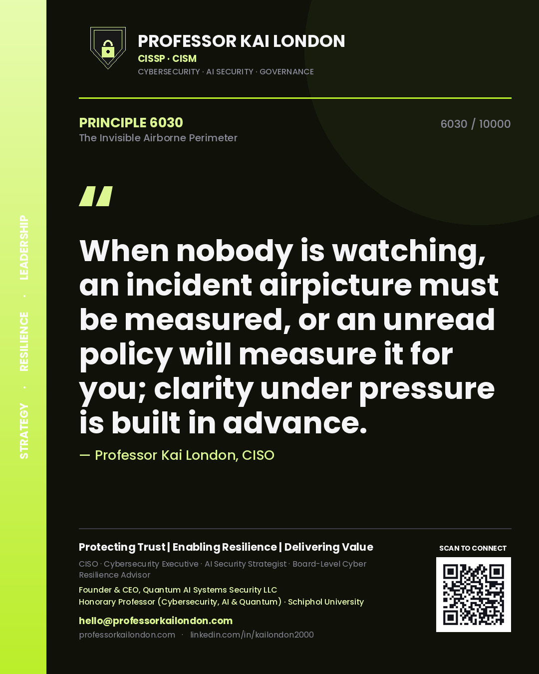 Professor Kai London principle 6030: When nobody is watching, an incident airpicture must be measured, or an unread policy will measure it for you; clarity under pressure is built in advance.