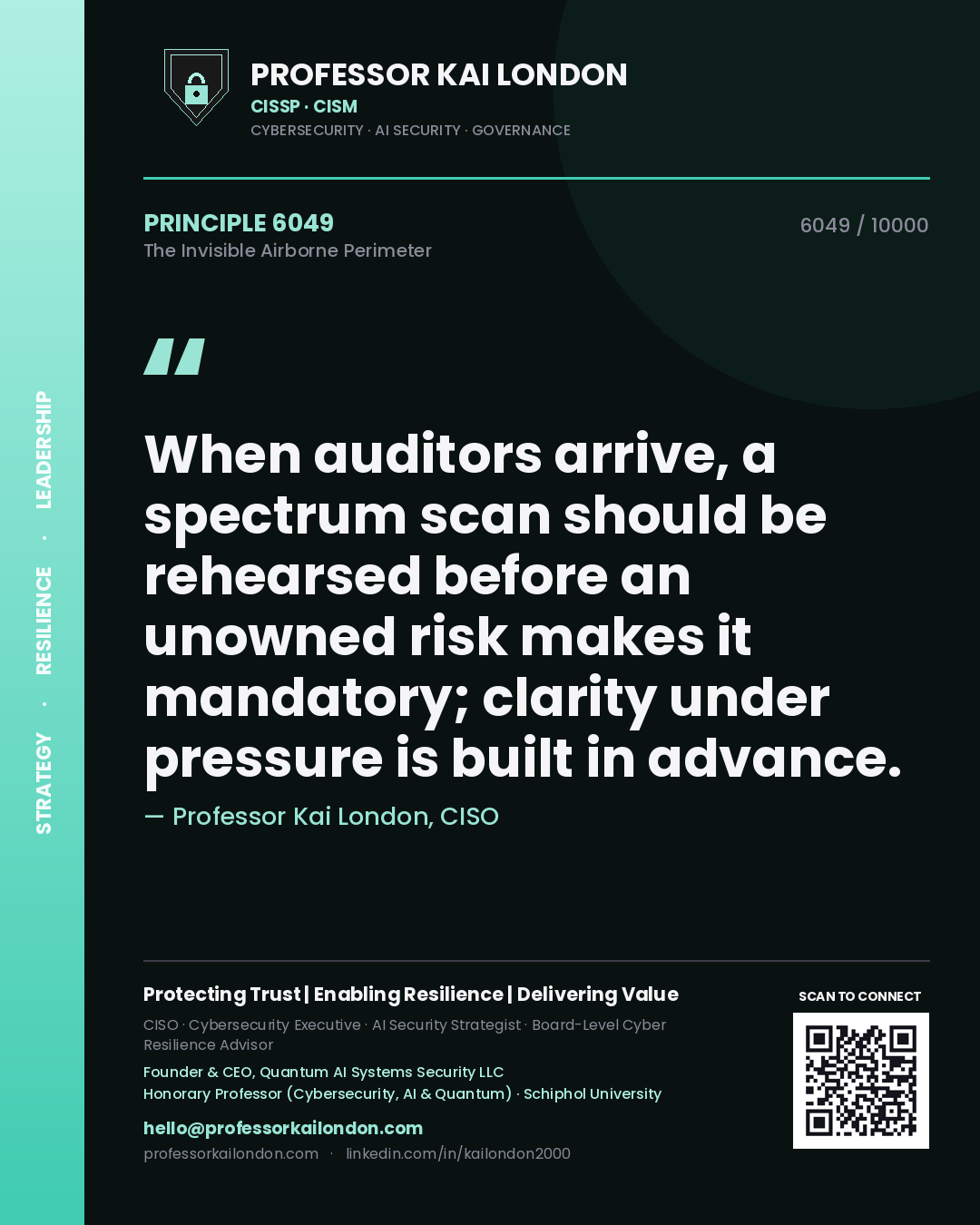 Professor Kai London principle 6049: When auditors arrive, a spectrum scan should be rehearsed before an unowned risk makes it mandatory; clarity under pressure is built in advance.