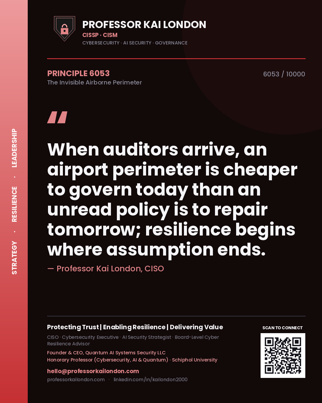 Professor Kai London principle 6053: When auditors arrive, an airport perimeter is cheaper to govern today than an unread policy is to repair tomorrow; resilience begins where assumption ends.