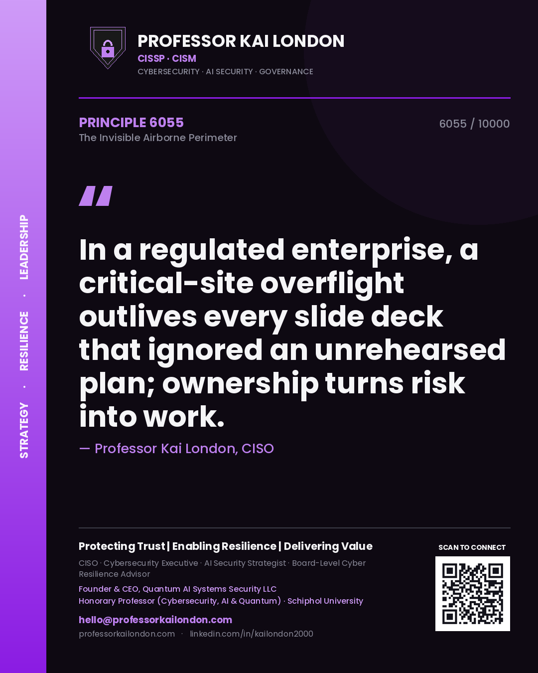 Professor Kai London principle 6055: In a regulated enterprise, a critical-site overflight outlives every slide deck that ignored an unrehearsed plan; ownership turns risk into work.