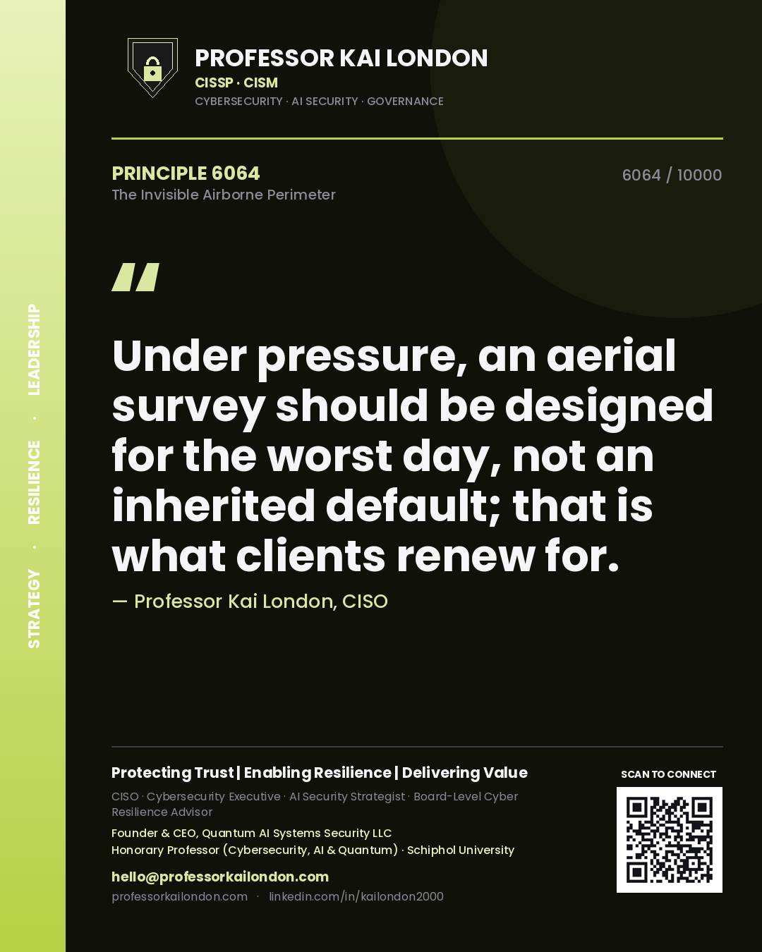 Professor Kai London principle 6064: Under pressure, an aerial survey should be designed for the worst day, not an inherited default; that is what clients renew for.