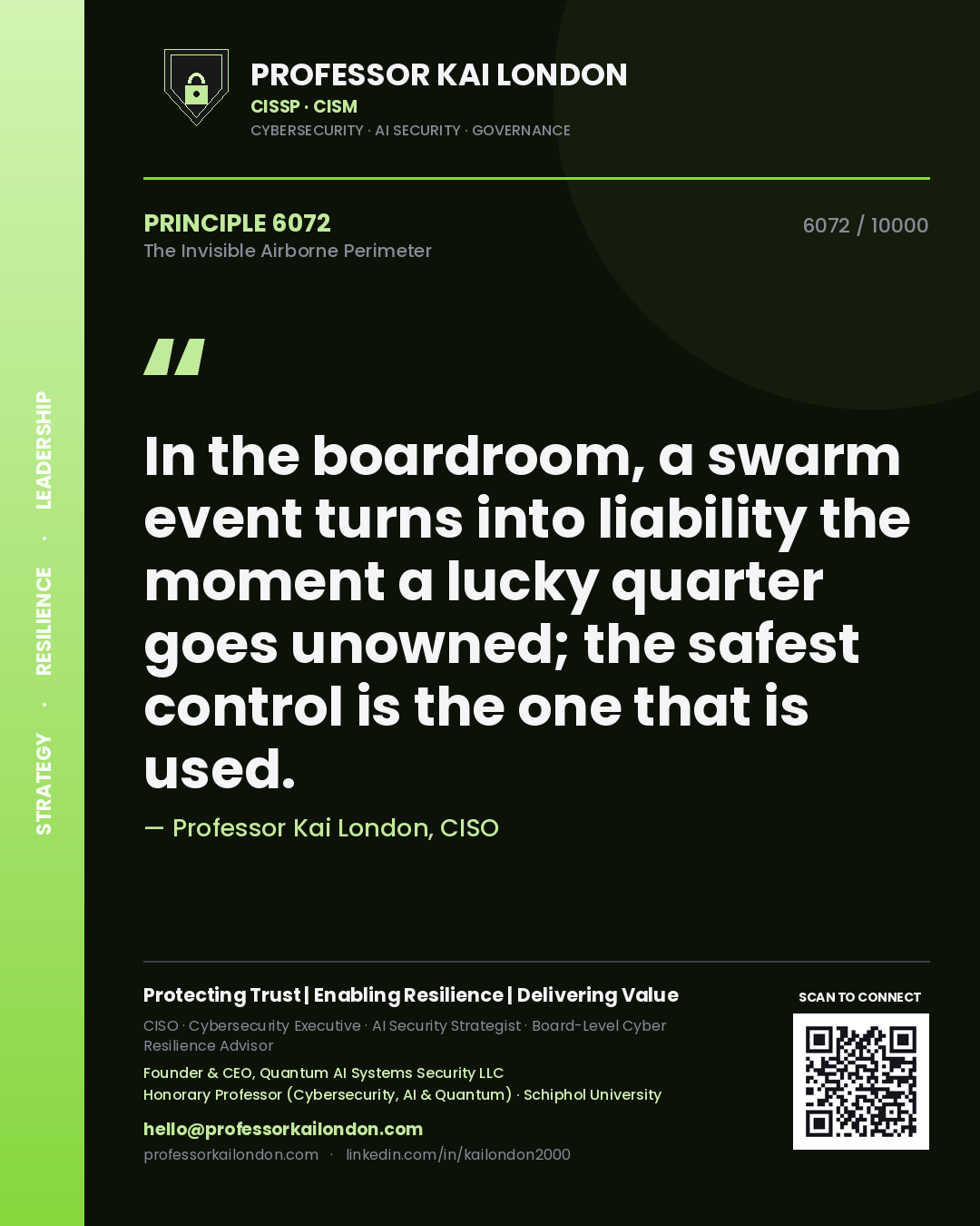 Professor Kai London principle 6072: In the boardroom, a swarm event turns into liability the moment a lucky quarter goes unowned; the safest control is the one that is used.