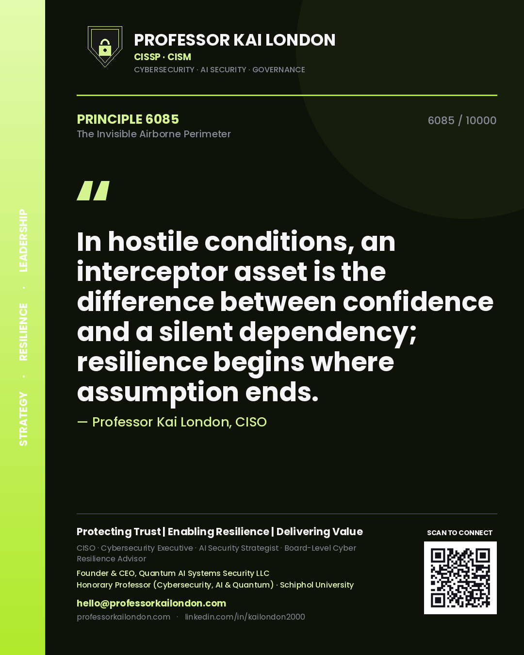 Professor Kai London principle 6085: In hostile conditions, an interceptor asset is the difference between confidence and a silent dependency; resilience begins where assumption ends.