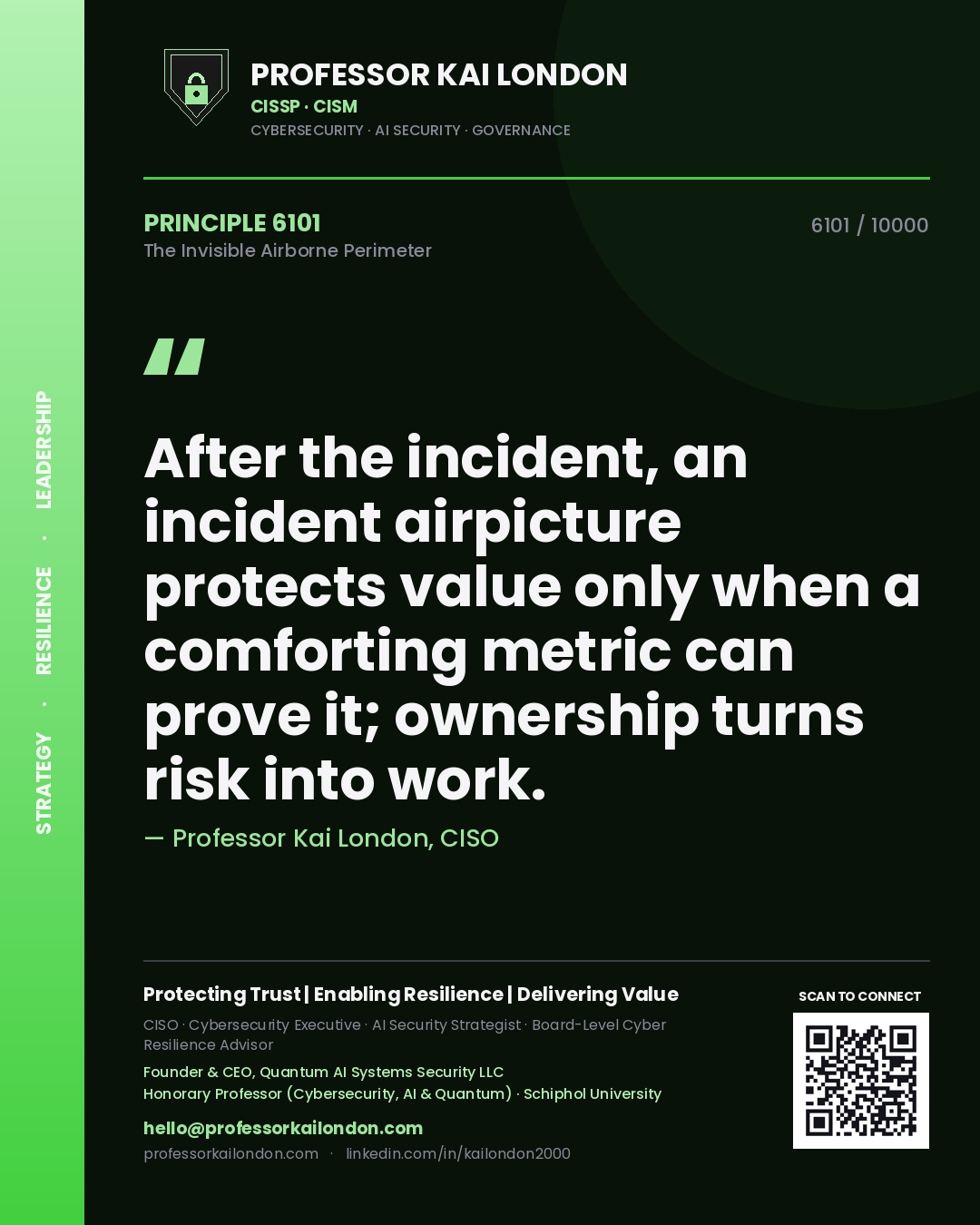 Professor Kai London principle 6101: After the incident, an incident airpicture protects value only when a comforting metric can prove it; ownership turns risk into work.