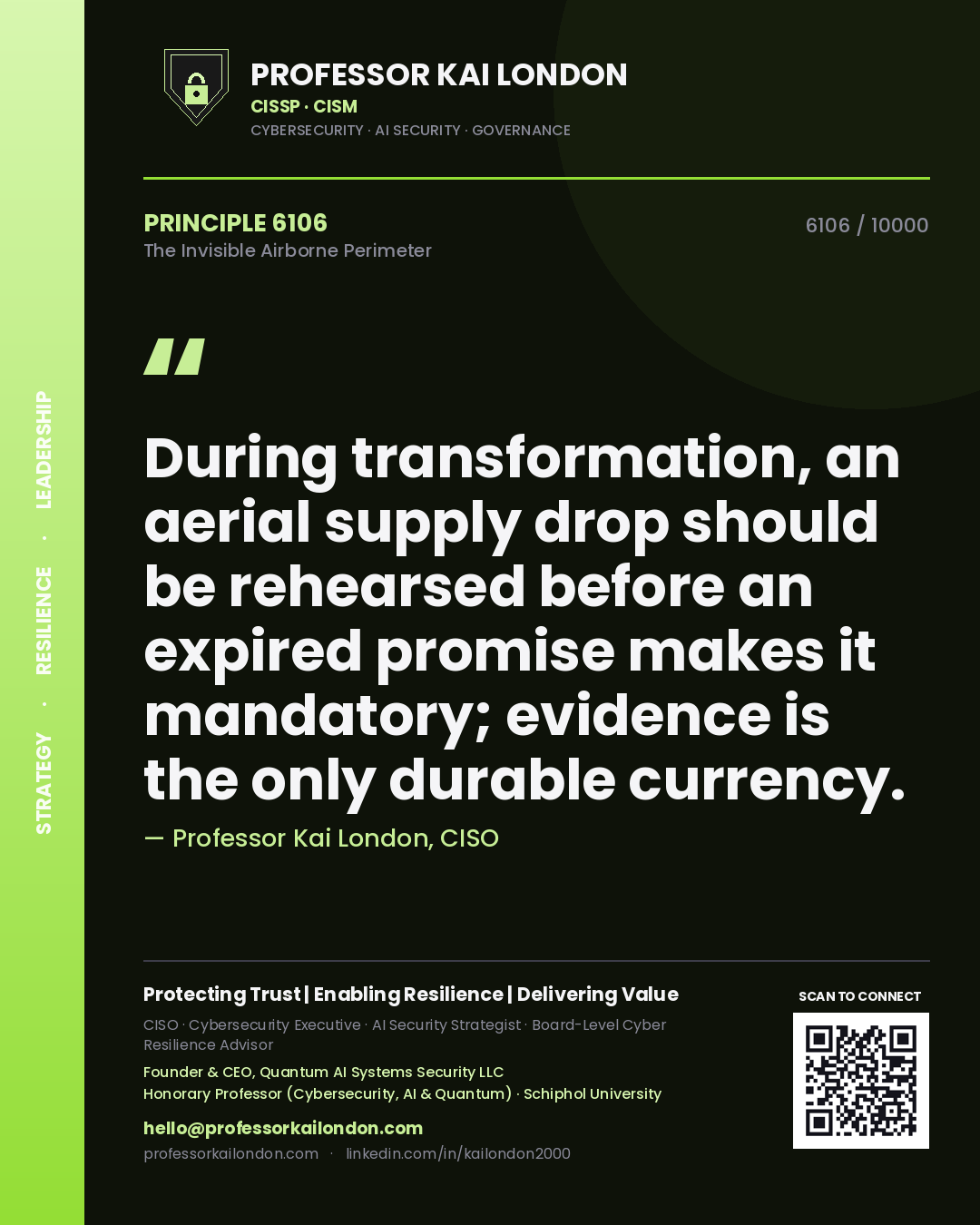 Professor Kai London principle 6106: During transformation, an aerial supply drop should be rehearsed before an expired promise makes it mandatory; evidence is the only durable currency.