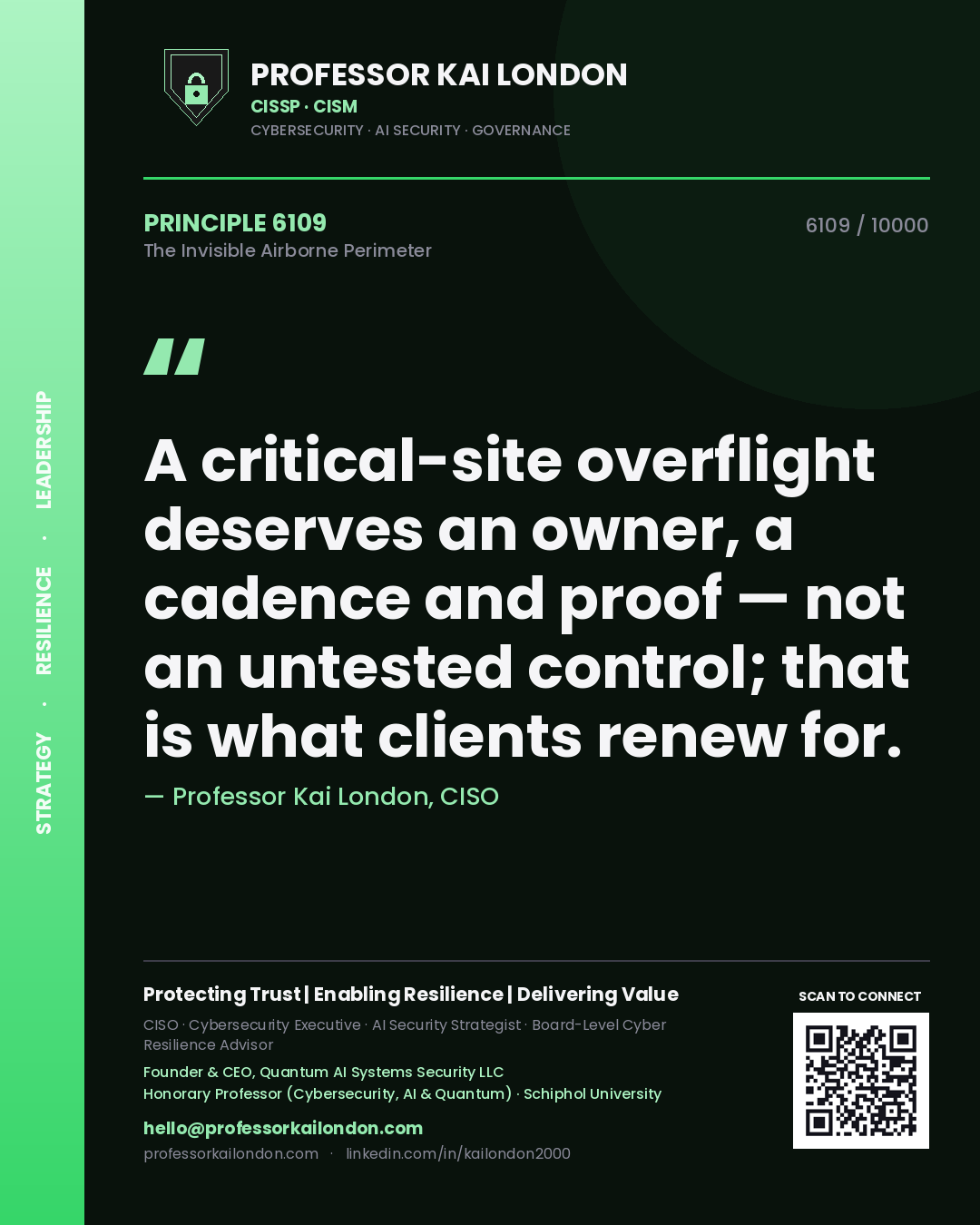 Professor Kai London principle 6109: A critical-site overflight deserves an owner, a cadence and proof — not an untested control; that is what clients renew for.