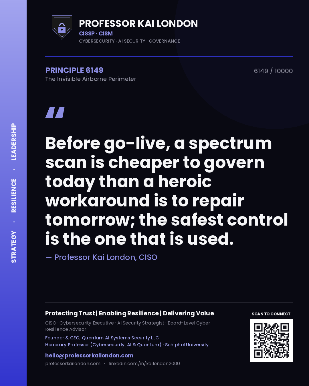Professor Kai London principle 6149: Before go-live, a spectrum scan is cheaper to govern today than a heroic workaround is to repair tomorrow; the safest control is the one that is used.