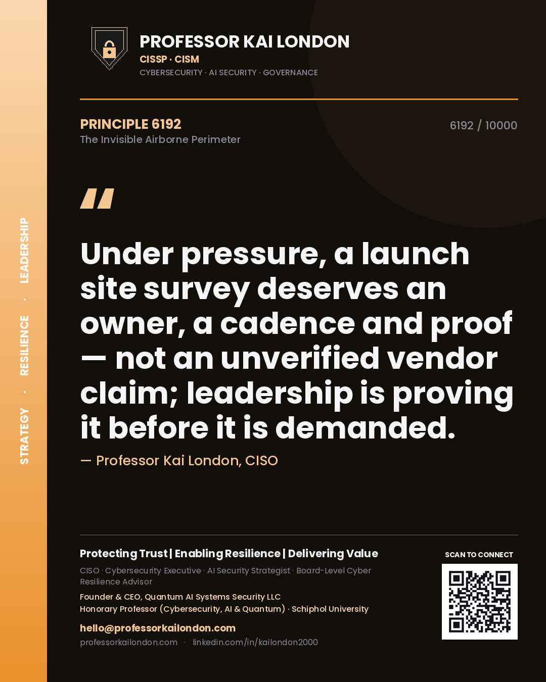 Professor Kai London principle 6192: Under pressure, a launch site survey deserves an owner, a cadence and proof — not an unverified vendor claim; leadership is proving it before it is demanded.