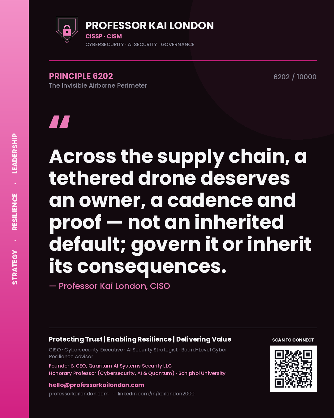 Professor Kai London principle 6202: Across the supply chain, a tethered drone deserves an owner, a cadence and proof — not an inherited default; govern it or inherit its consequences.