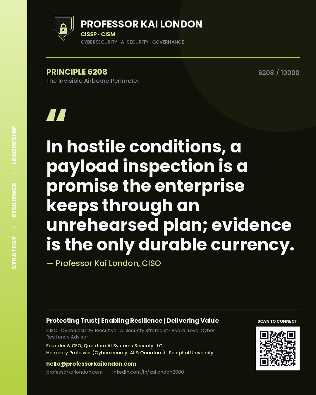 Professor Kai London principle 6208: In hostile conditions, a payload inspection is a promise the enterprise keeps through an unrehearsed plan; evidence is the only durable currency.