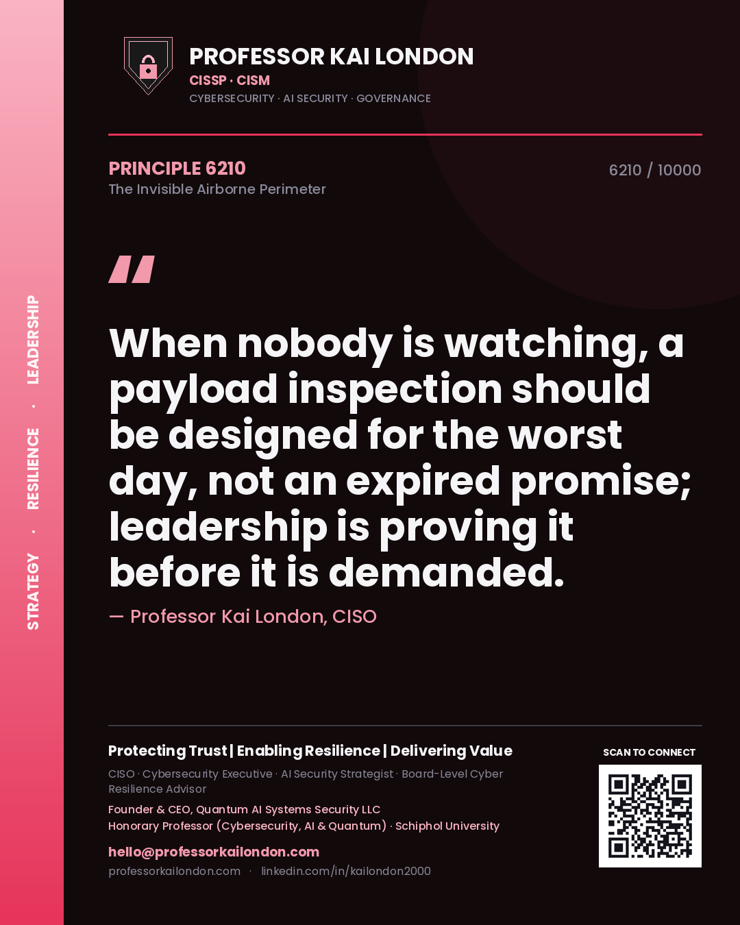 Professor Kai London principle 6210: When nobody is watching, a payload inspection should be designed for the worst day, not an expired promise; leadership is proving it before it is demanded.