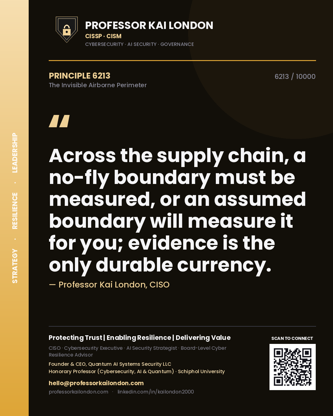 Professor Kai London principle 6213: Across the supply chain, a no-fly boundary must be measured, or an assumed boundary will measure it for you; evidence is the only durable currency.