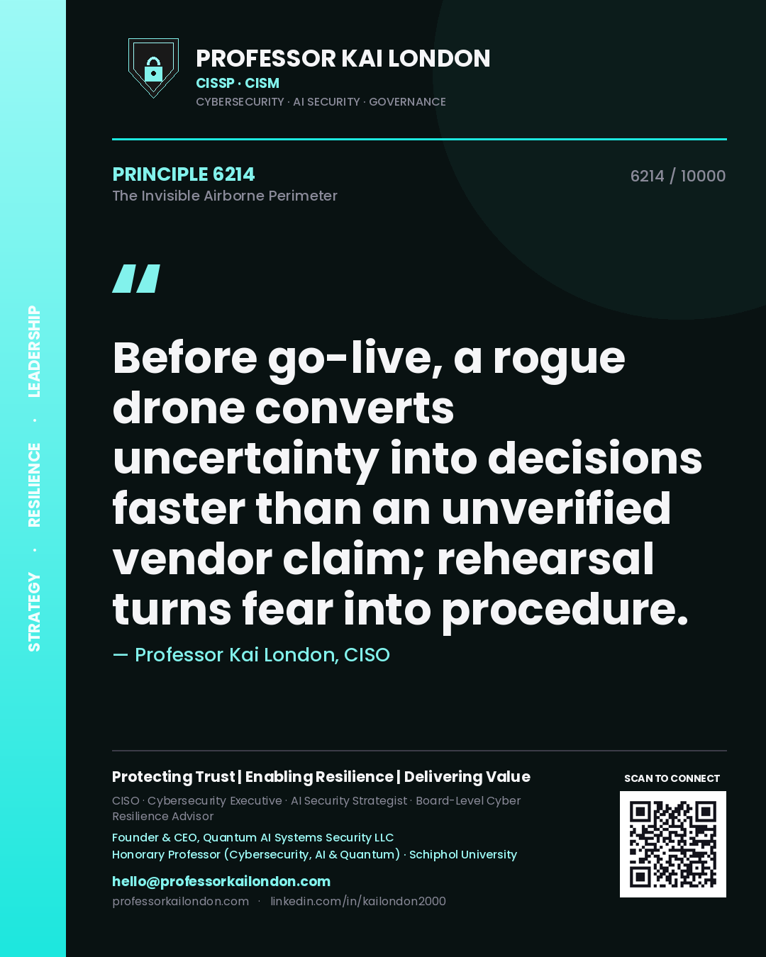 Professor Kai London principle 6214: Before go-live, a rogue drone converts uncertainty into decisions faster than an unverified vendor claim; rehearsal turns fear into procedure.