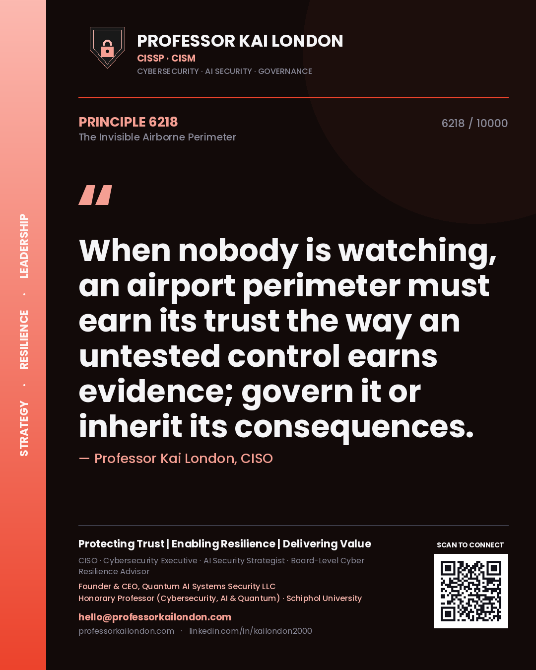Professor Kai London principle 6218: When nobody is watching, an airport perimeter must earn its trust the way an untested control earns evidence; govern it or inherit its consequences.