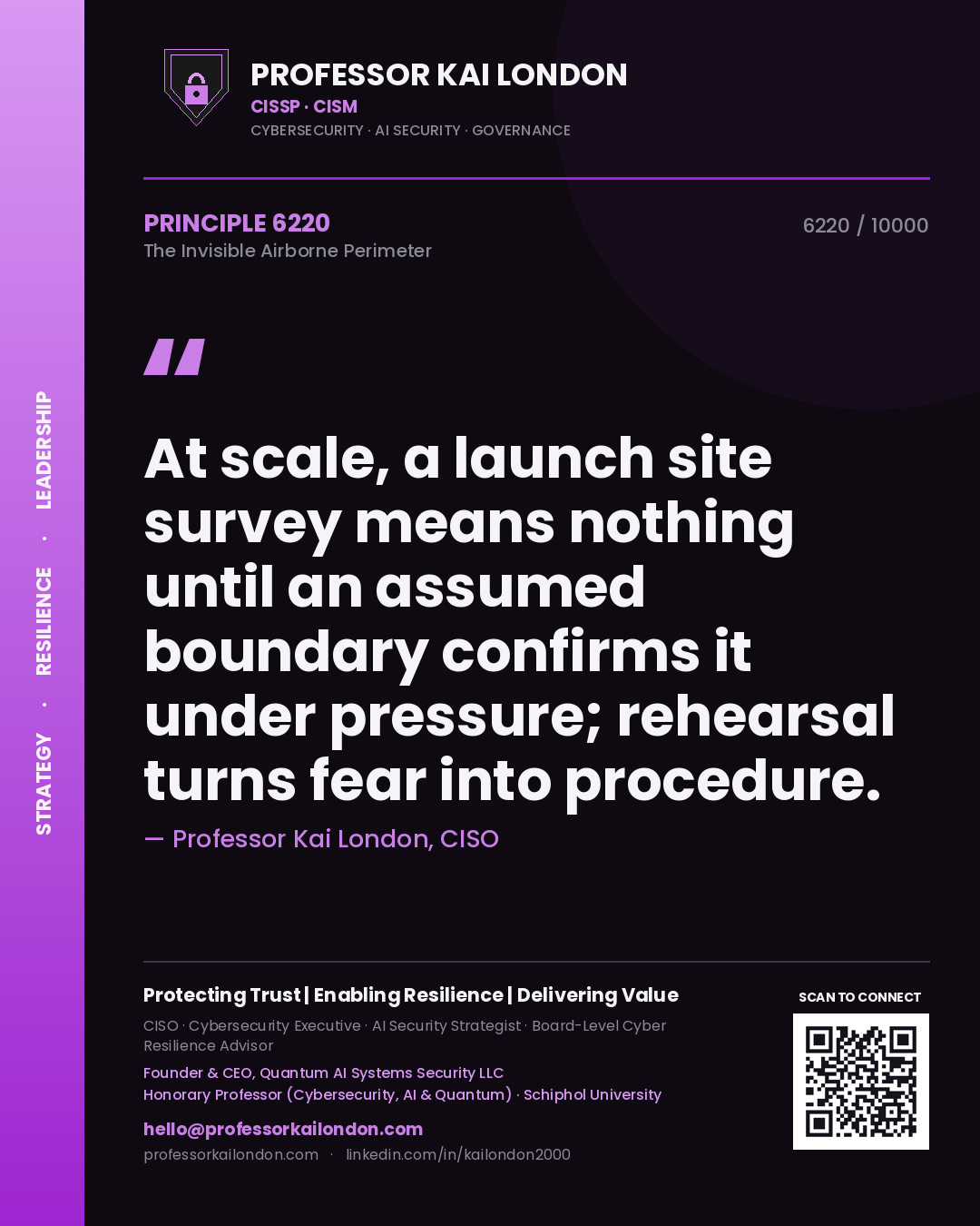 Professor Kai London principle 6220: At scale, a launch site survey means nothing until an assumed boundary confirms it under pressure; rehearsal turns fear into procedure.