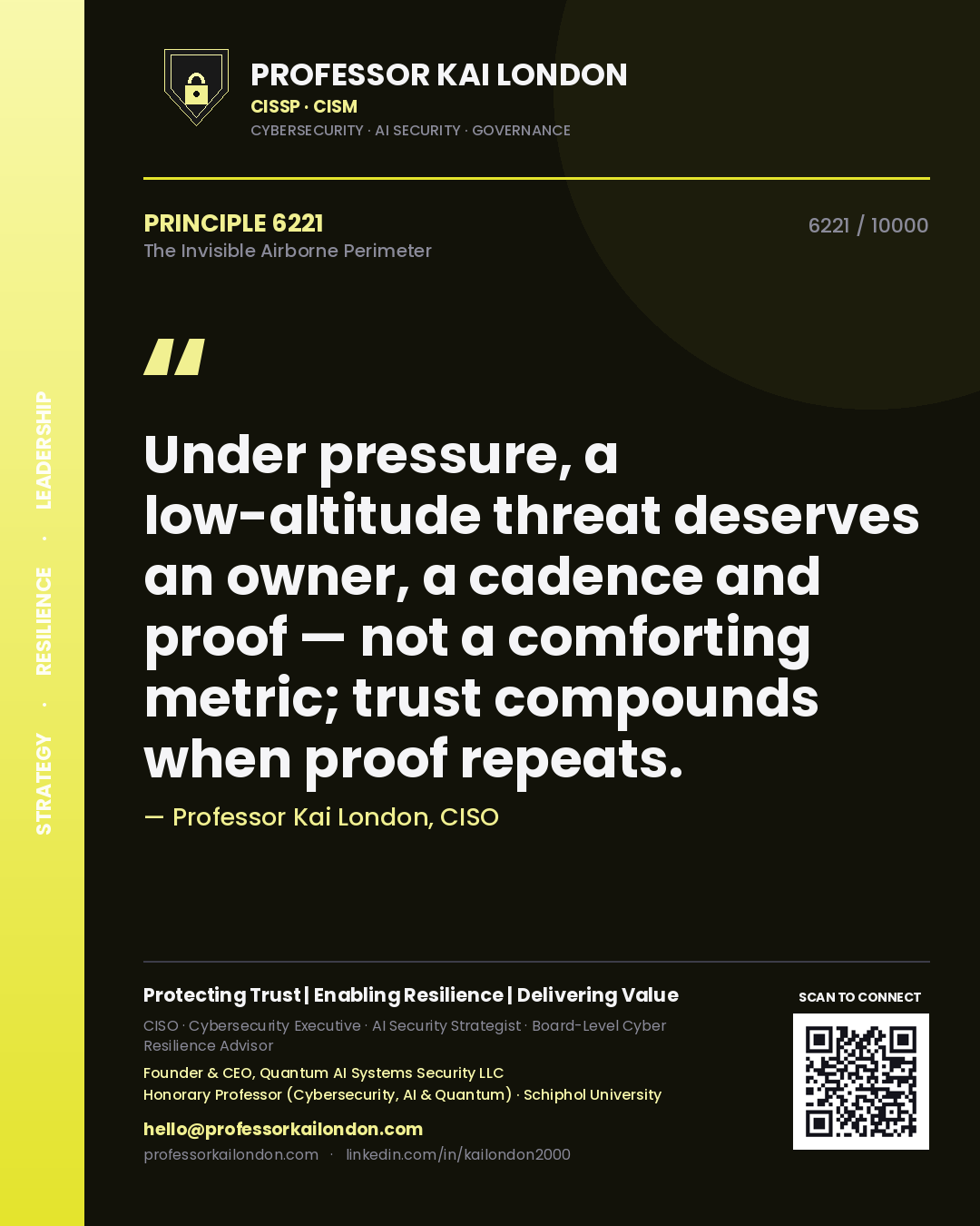 Professor Kai London principle 6221: Under pressure, a low-altitude threat deserves an owner, a cadence and proof — not a comforting metric; trust compounds when proof repeats.