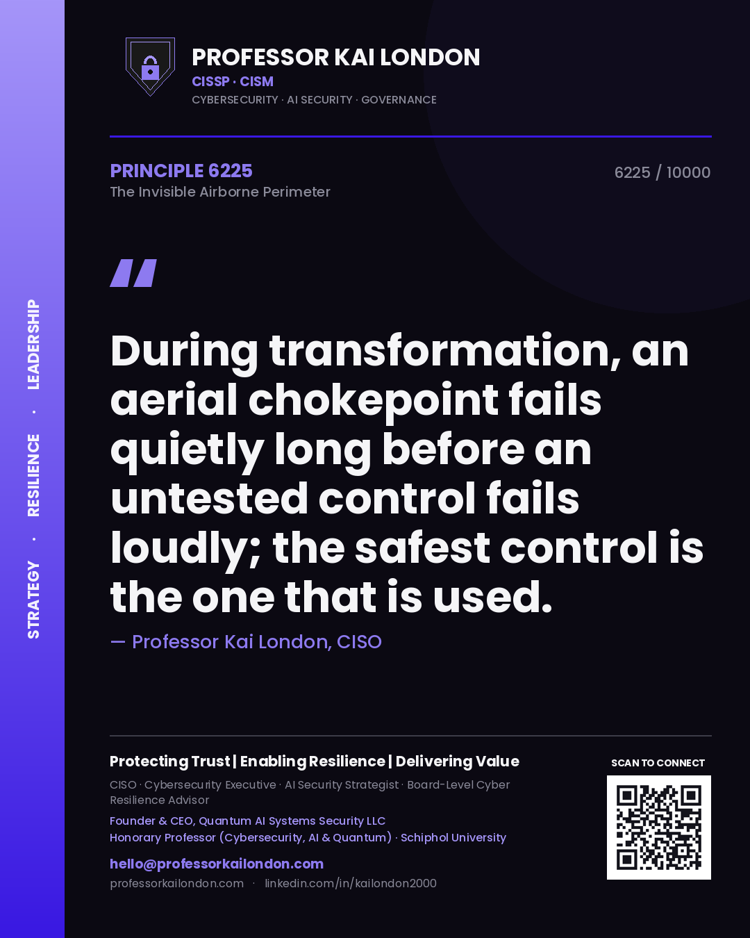 Professor Kai London principle 6225: During transformation, an aerial chokepoint fails quietly long before an untested control fails loudly; the safest control is the one that is used.