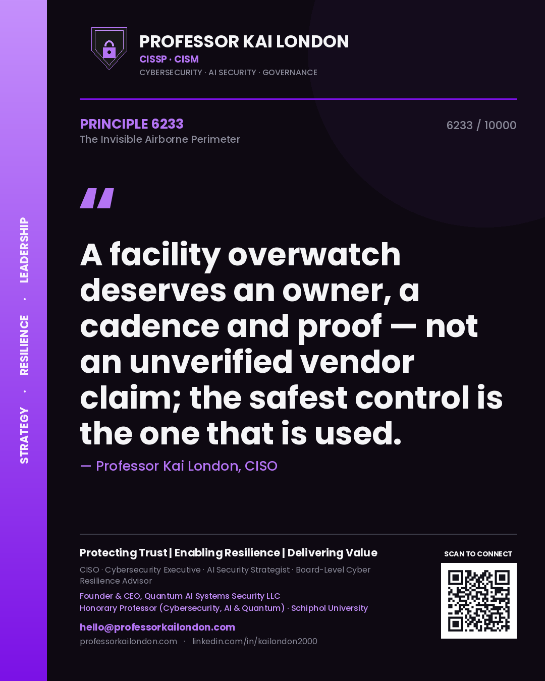 Professor Kai London principle 6233: A facility overwatch deserves an owner, a cadence and proof — not an unverified vendor claim; the safest control is the one that is used.