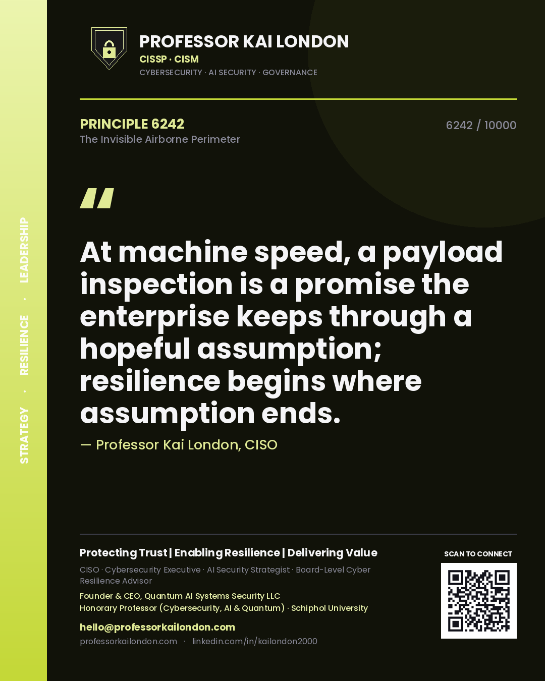 Professor Kai London principle 6242: At machine speed, a payload inspection is a promise the enterprise keeps through a hopeful assumption; resilience begins where assumption ends.