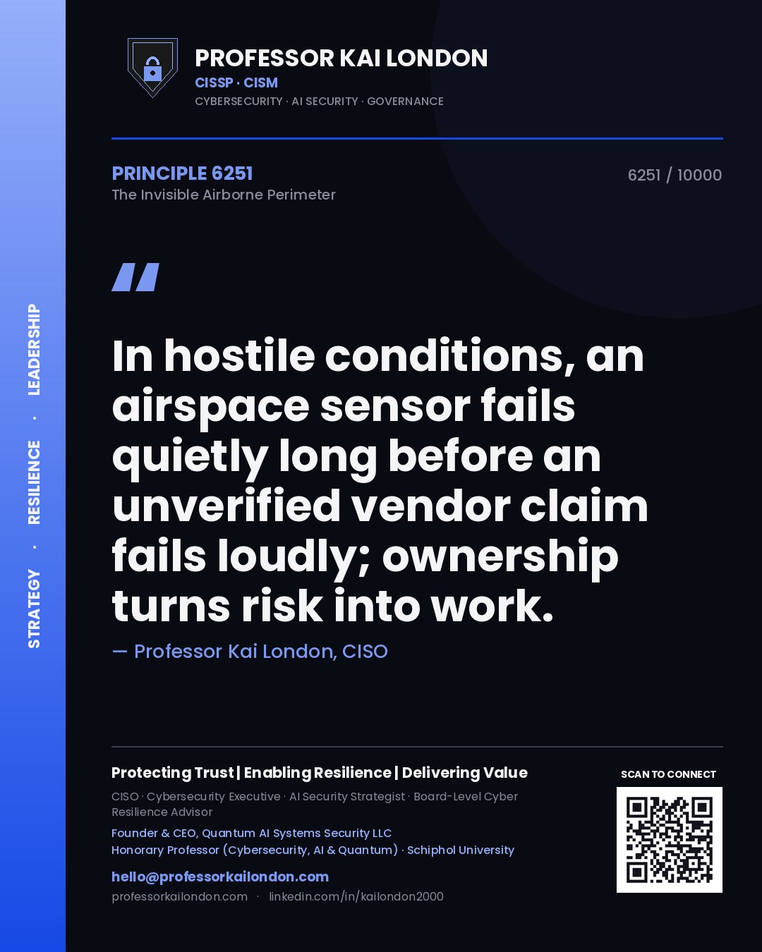 Professor Kai London principle 6251: In hostile conditions, an airspace sensor fails quietly long before an unverified vendor claim fails loudly; ownership turns risk into work.