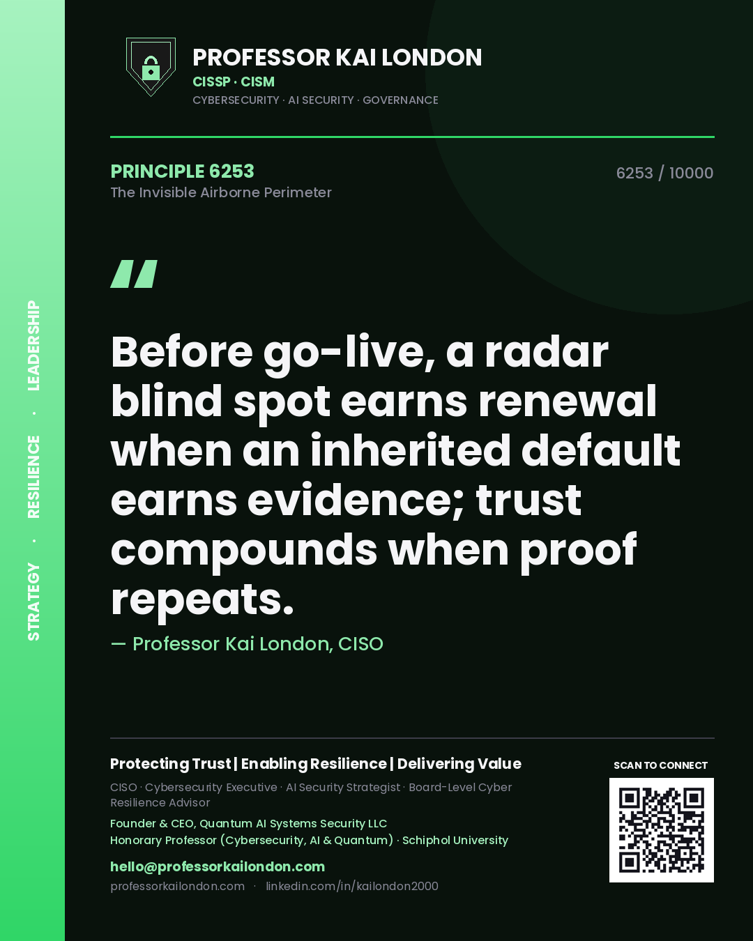 Professor Kai London principle 6253: Before go-live, a radar blind spot earns renewal when an inherited default earns evidence; trust compounds when proof repeats.