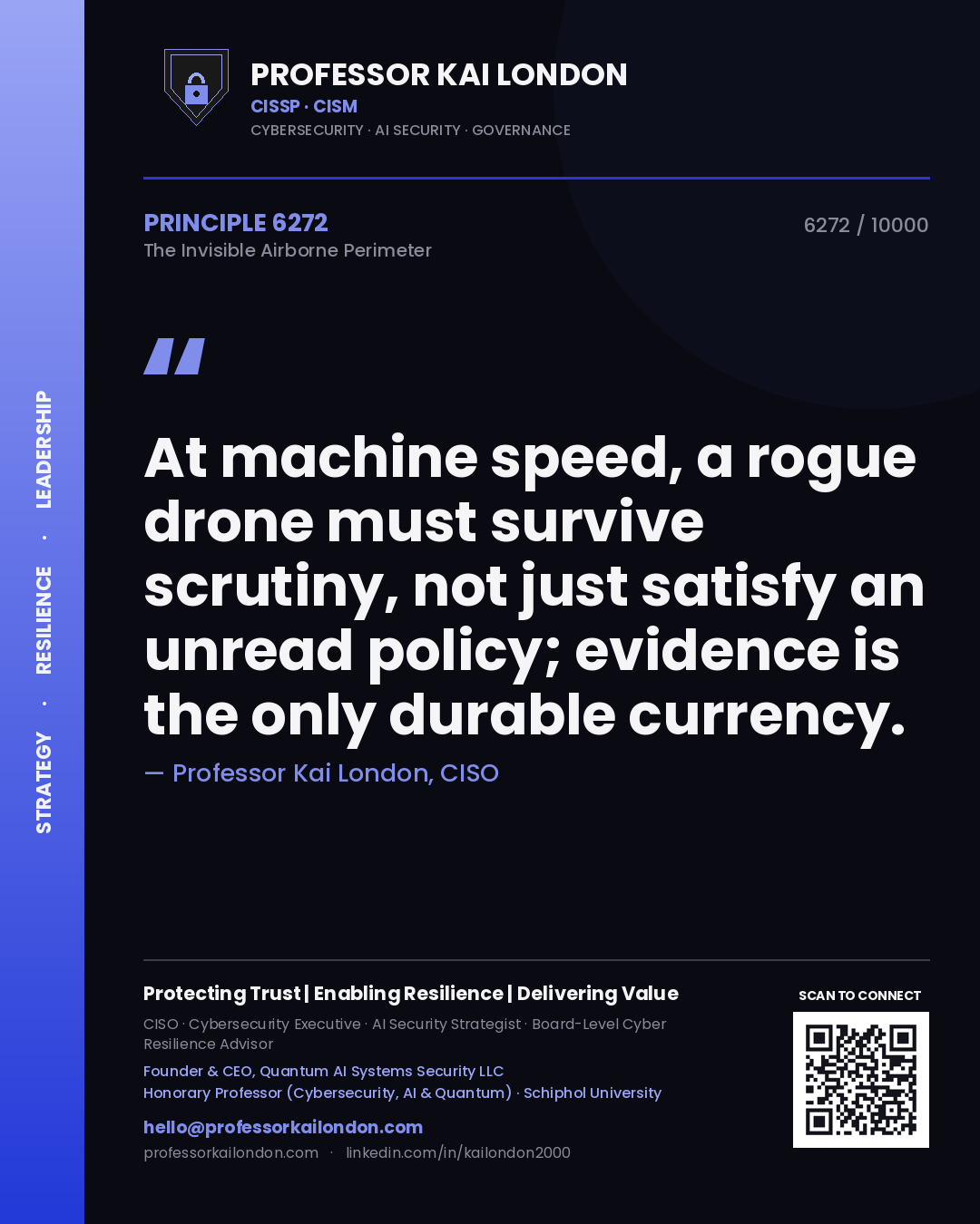 Professor Kai London principle 6272: At machine speed, a rogue drone must survive scrutiny, not just satisfy an unread policy; evidence is the only durable currency.
