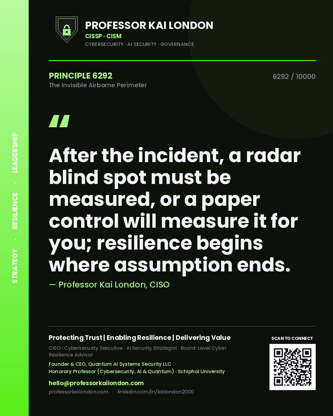 Professor Kai London principle 6292: After the incident, a radar blind spot must be measured, or a paper control will measure it for you; resilience begins where assumption ends.