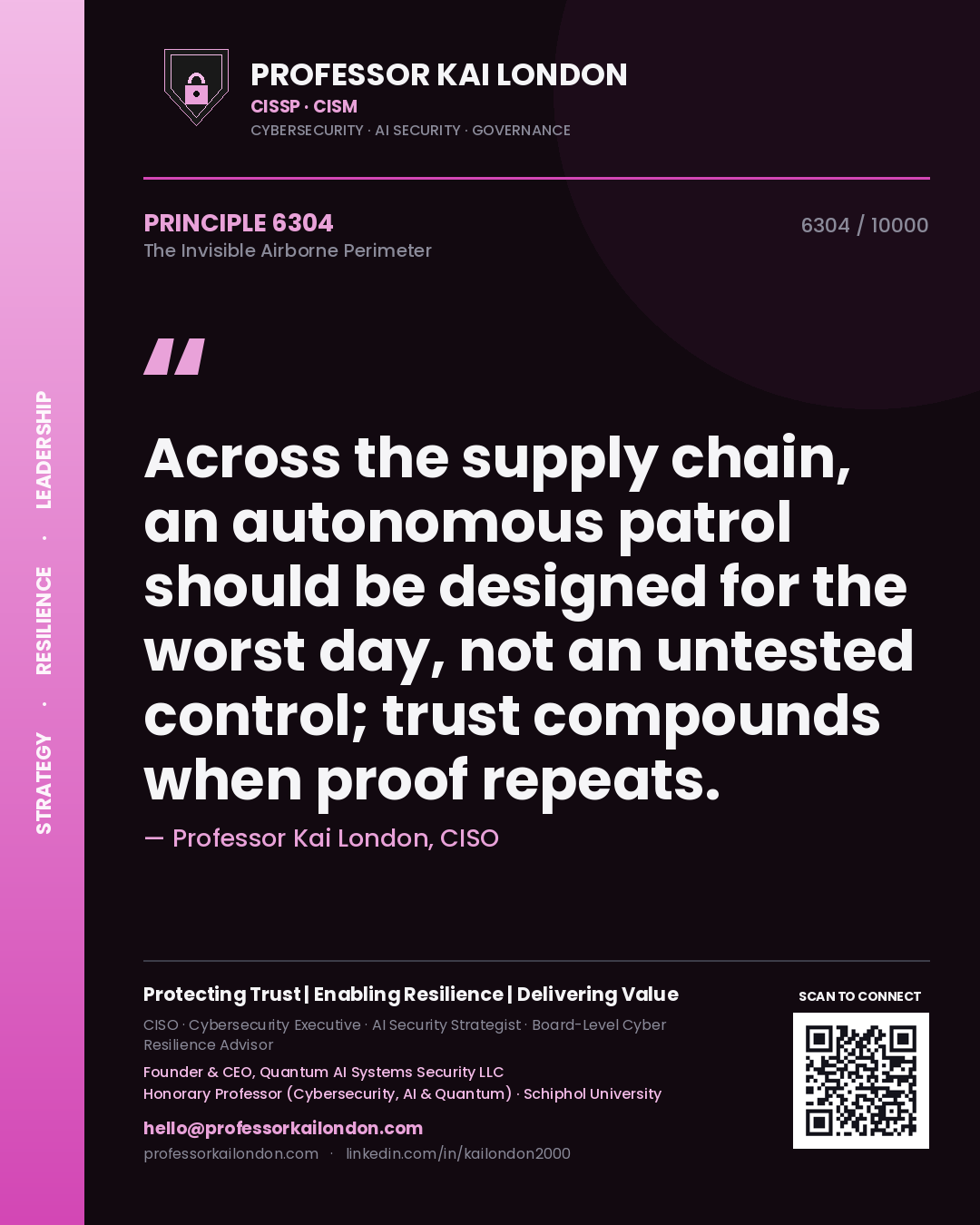 Professor Kai London principle 6304: Across the supply chain, an autonomous patrol should be designed for the worst day, not an untested control; trust compounds when proof repeats.