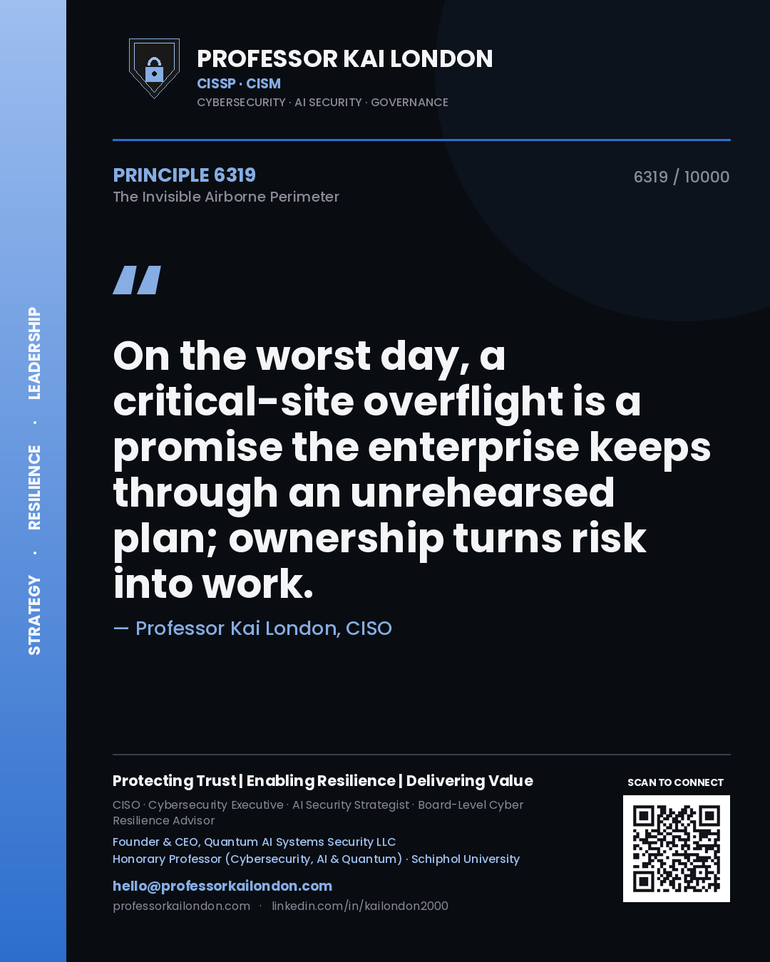 Professor Kai London principle 6319: On the worst day, a critical-site overflight is a promise the enterprise keeps through an unrehearsed plan; ownership turns risk into work.