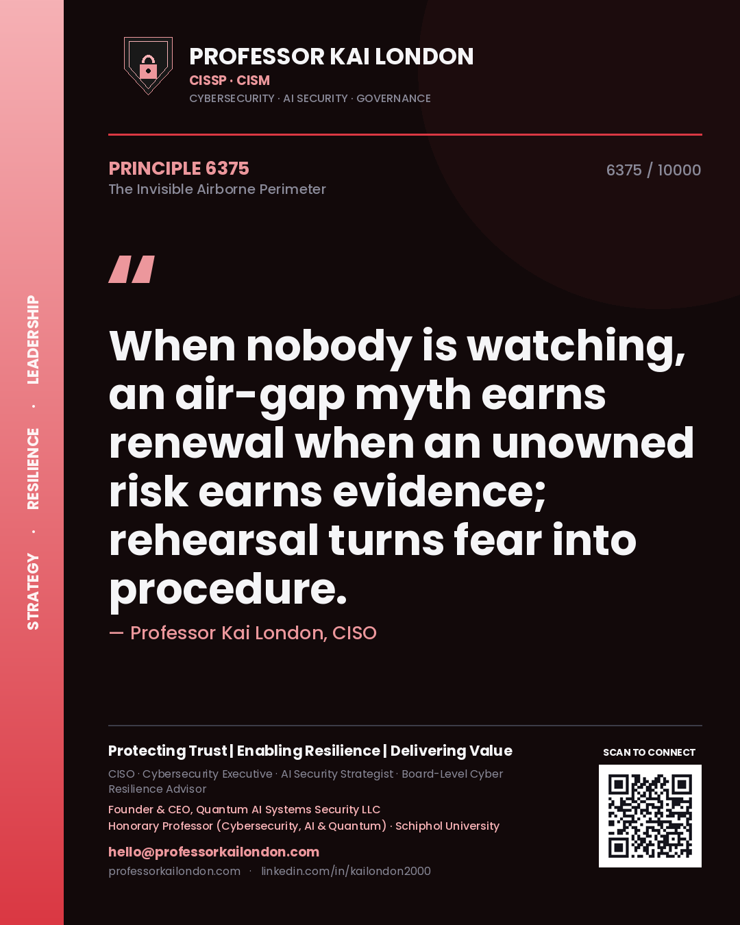 Professor Kai London principle 6375: When nobody is watching, an air-gap myth earns renewal when an unowned risk earns evidence; rehearsal turns fear into procedure.