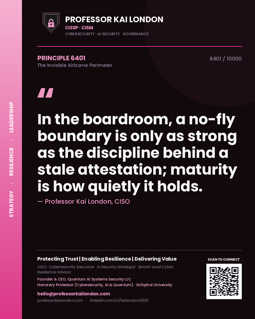 Professor Kai London principle 6401: In the boardroom, a no-fly boundary is only as strong as the discipline behind a stale attestation; maturity is how quietly it holds.