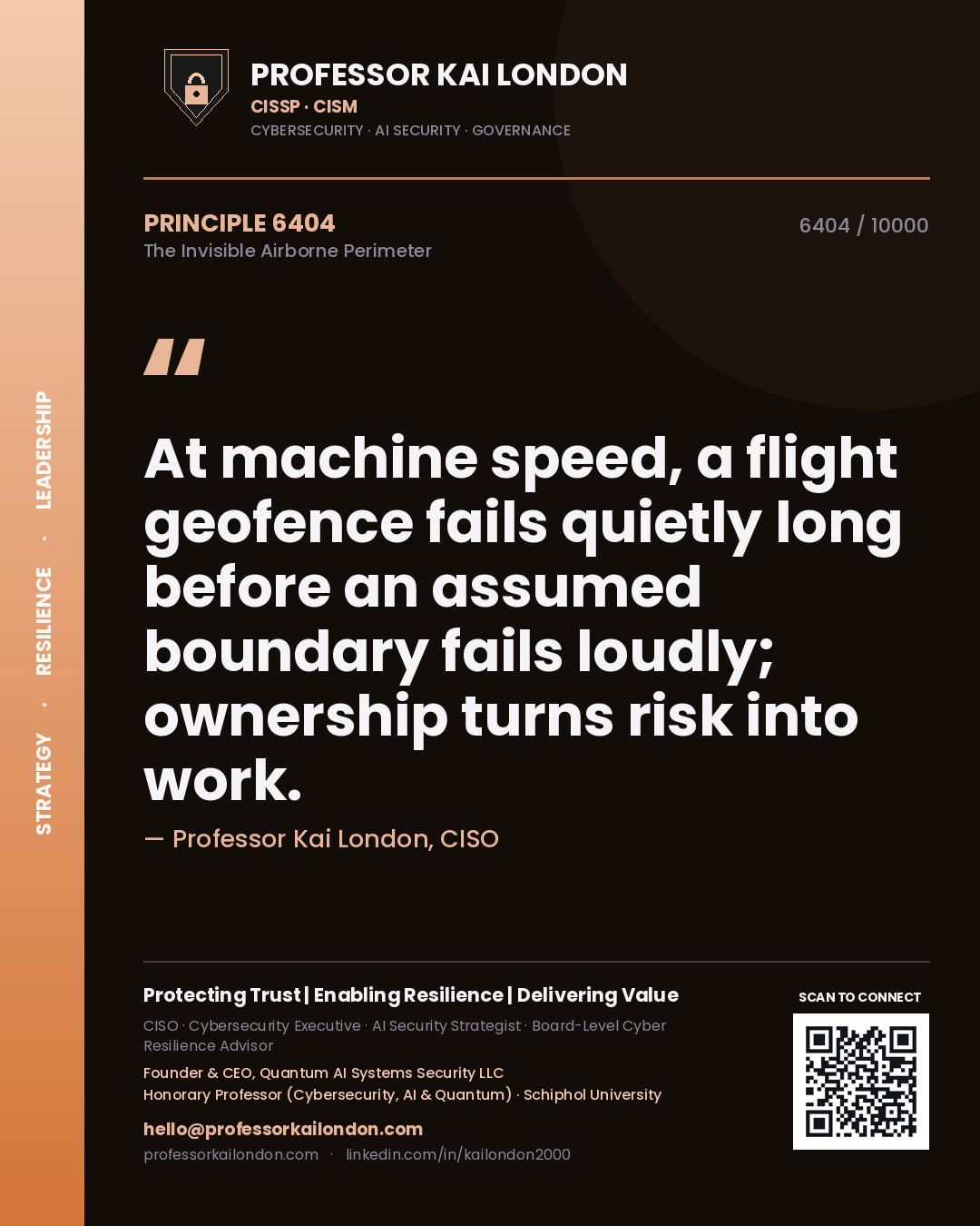 Professor Kai London principle 6404: At machine speed, a flight geofence fails quietly long before an assumed boundary fails loudly; ownership turns risk into work.