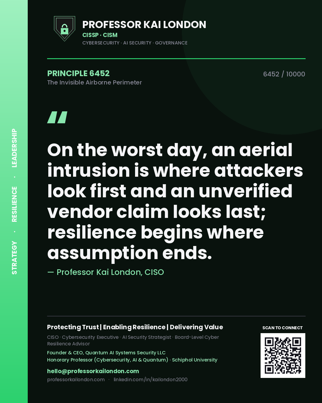 Professor Kai London principle 6452: On the worst day, an aerial intrusion is where attackers look first and an unverified vendor claim looks last; resilience begins where assumption ends.