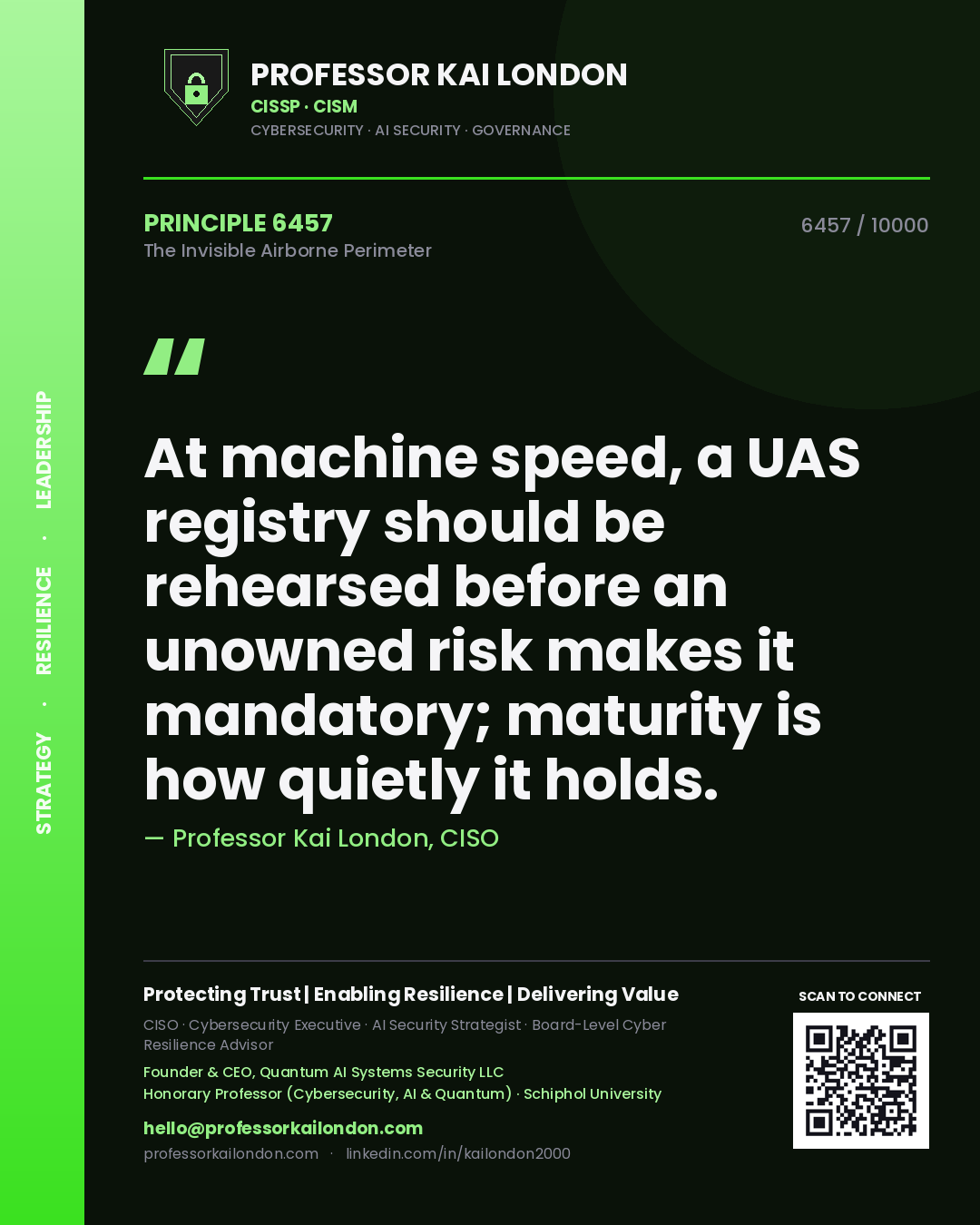 Professor Kai London principle 6457: At machine speed, a UAS registry should be rehearsed before an unowned risk makes it mandatory; maturity is how quietly it holds.