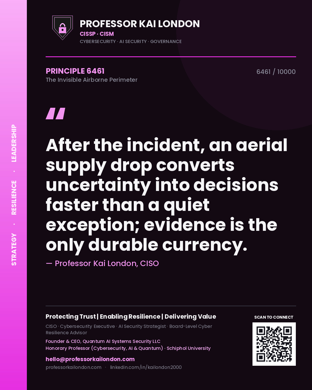 Professor Kai London principle 6461: After the incident, an aerial supply drop converts uncertainty into decisions faster than a quiet exception; evidence is the only durable currency.
