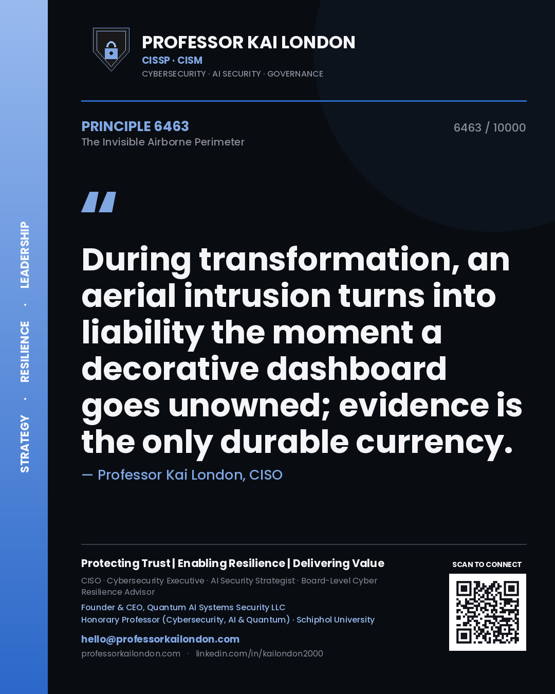Professor Kai London principle 6463: During transformation, an aerial intrusion turns into liability the moment a decorative dashboard goes unowned; evidence is the only durable currency.